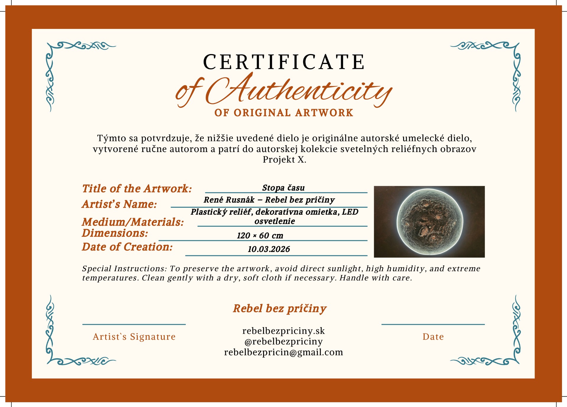 Každé dielo z kolekcie Projekt X je originál vytvorený ručne autorom. Ku každému obrazu je preto priložený certifikát pravosti, ktorý potvrdzuje jeho originalitu, autorstvo a zaradenie do autorskej kolekcie.  Certifikát obsahuje základné informácie o diele – názov, techniku, rozmer, rok vzniku a podpis autora. Každý certifikát má zároveň svoje jedinečné identifikačné číslo, ktoré umožňuje dielo evidovať a overiť jeho pravosť.  Vďaka tomu má každý obraz jasný pôvod a stáva sa autentickým umeleckým dielom s vlastným príbehom.
